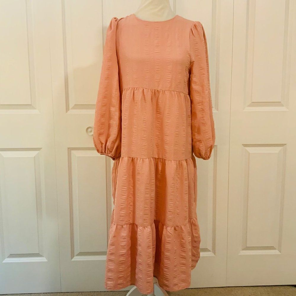 Aura Blush Pink Tiered Balloon Sleeve Prairie Maxi Dress Small